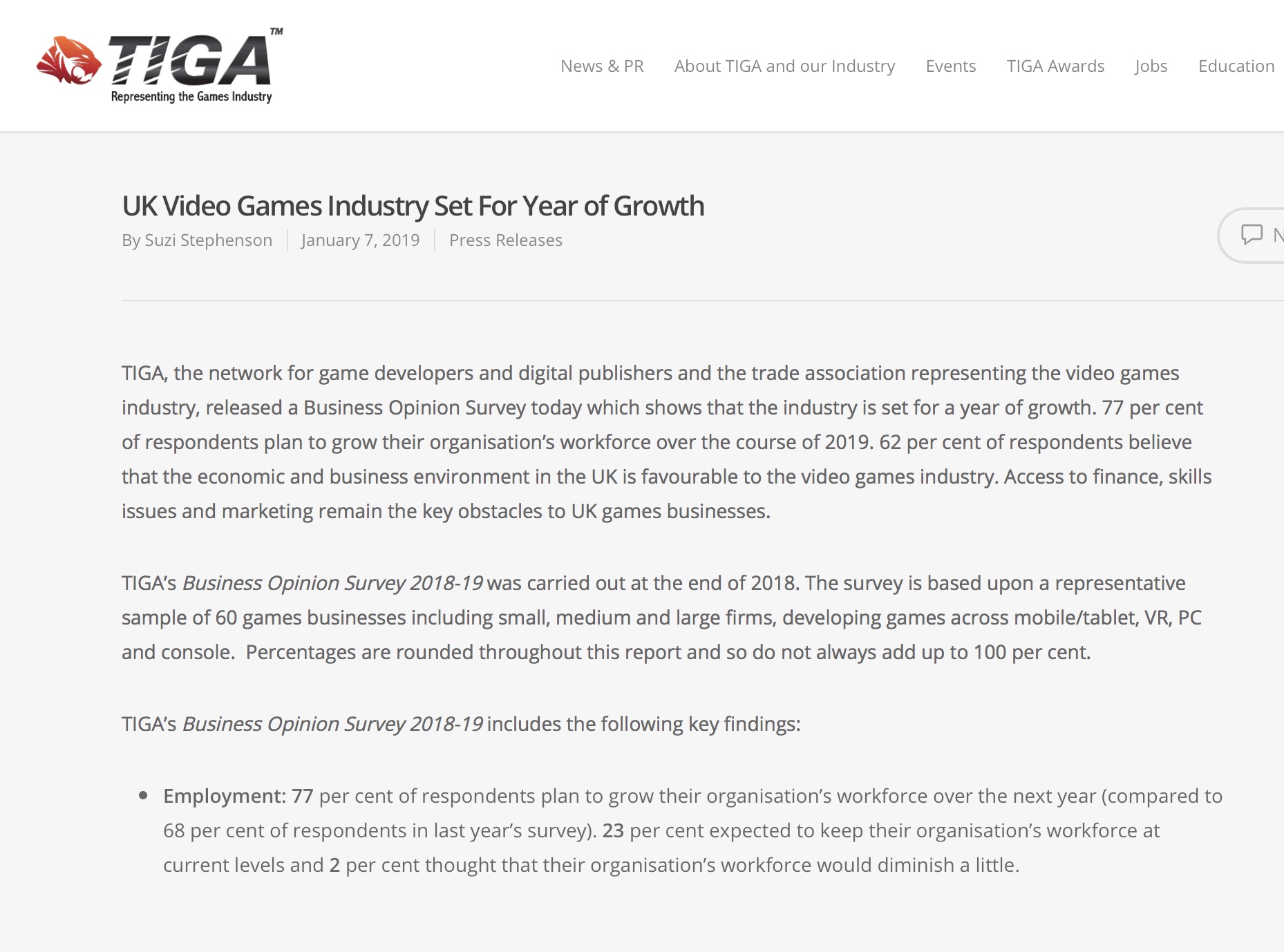 UK: TIGA’s Business Opinion Survey 2018-19
